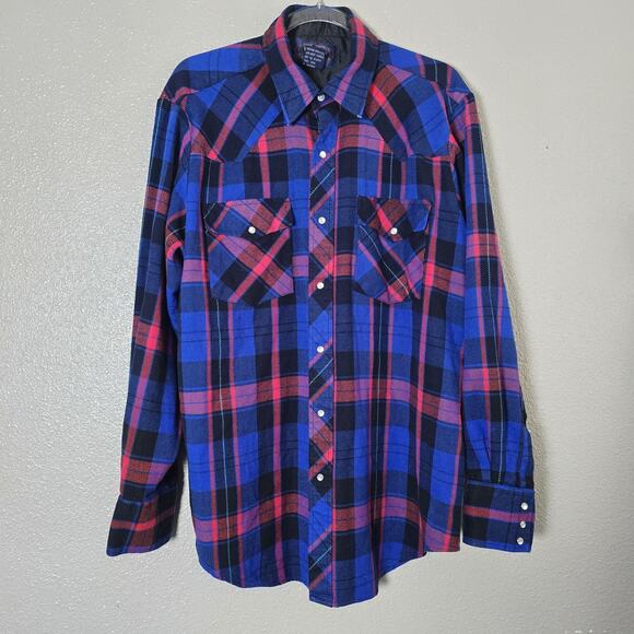 Williams Bay Western Button Up Shirt Men's XL Blue Plaid Pearl Button Collared - Picture 1 of 6